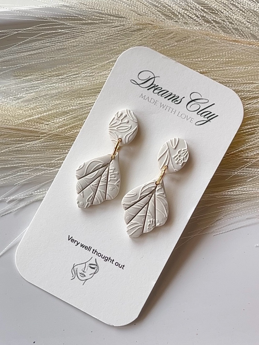 White Textured Leaf Drop Earrings